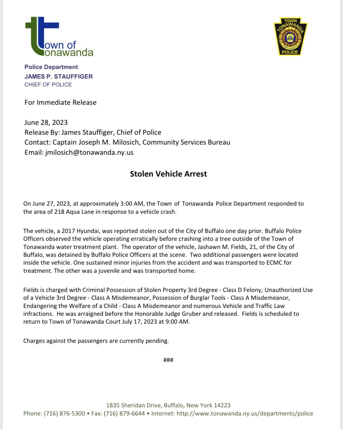 Image of press release by Tonawanda Town Police Department in June.