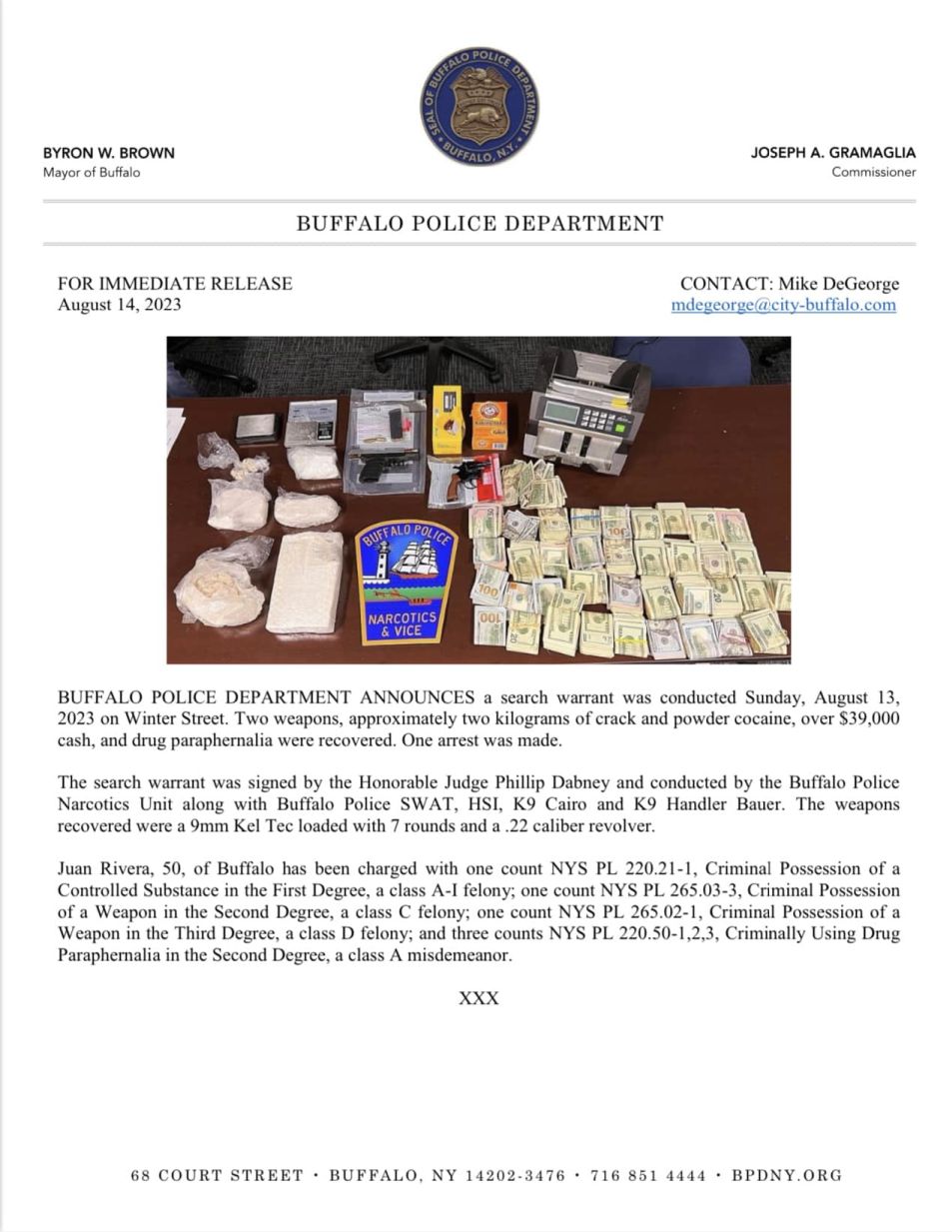 Image of BPD release on Winter Street drug bust.